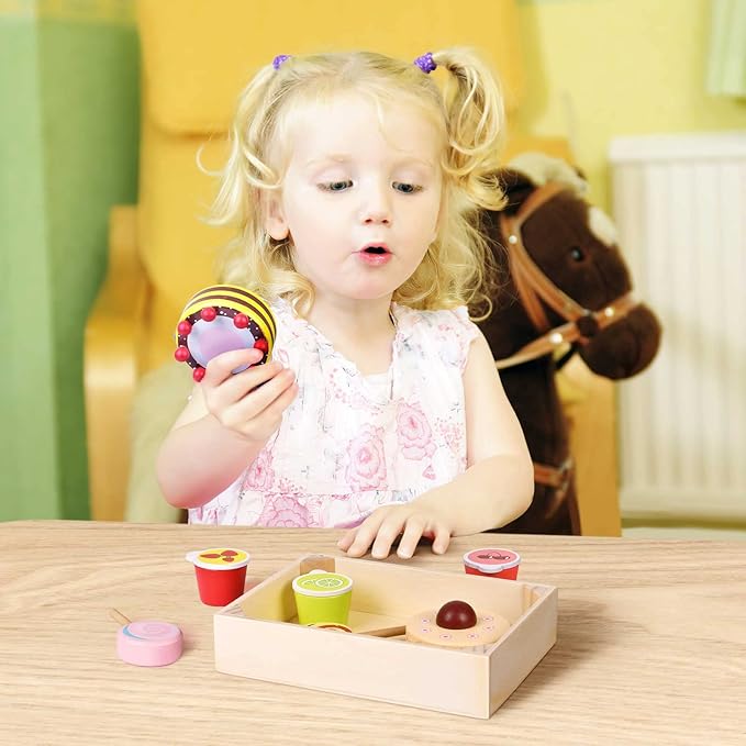 8 PCs Wooden Play Food for Kids Kitchen, Pretend Play Food Wooden Dessert Play Set for Kids, Toddler Toys for 2-4 Year Old Girls Boys Christmas Birthday Gifts