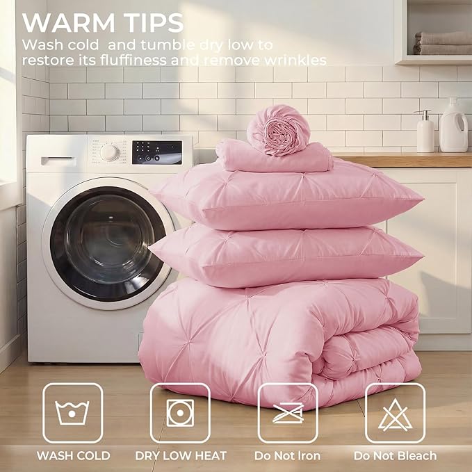 Sasttie Twin Comforter Set, 5-Piece Bed in a Bag, Pintuck Bedding Sets for All Season, Includes Comforter, Flat Sheet, Fitted Sheet, Pillowcase and Pillowsham, Baby Pink
