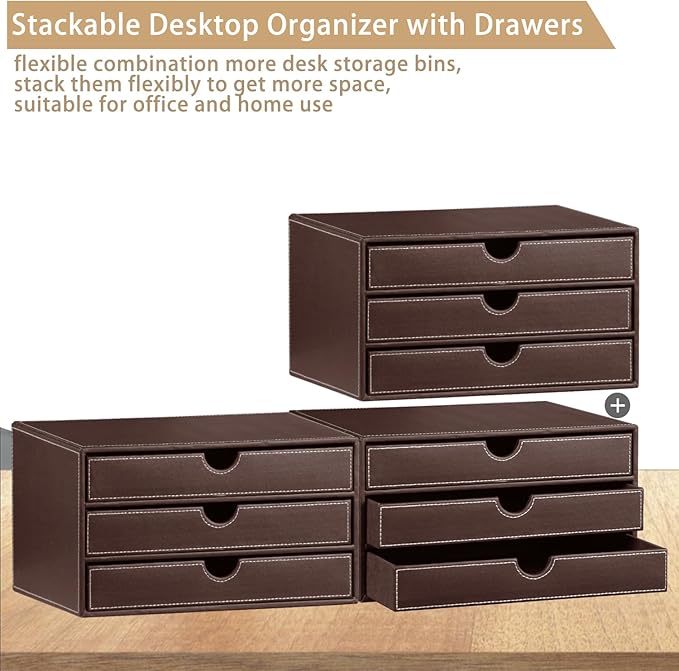PU Leather Desktop Organizer with Drawers,3 Drawer Office Desk Organizer,Desktop Storage for Office Supplies/A4 Paper/Magazine/Book,for Office School Home.Brown