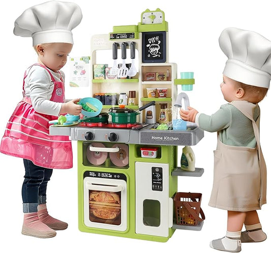 Kids Kitchen Playset, IRIMMY Kitchen Set for Toddler w/Realistic Cooking Light, Sounds, Steam, Sink, and Toy Kitchen Accessories, Pretend Kitchen Toys for Kids Girls Boys, Green