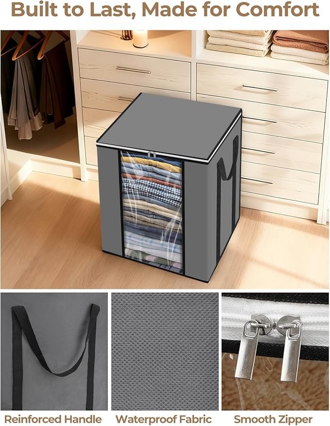 120L Extra Large Blanket & Clothes Storage Bags for Bedding & Comforters & Pillow–Foldable Thick Waterproof Fabric with Clear Window,Dual Zippers & Sturdy Handles,3 Pack Seasonal Organization