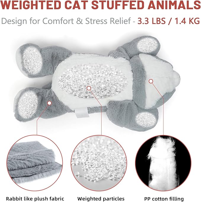 Niuniu Daddy Weighted Stuffed Animals for Anxiety, 3.3lbs Weighted Cat Plushies Toy for Adults Kids, 20‘ Large Grey Stuffed Cat Plush Pillow as Gift for Valentine Birthday Include Bag, Stickers, Card