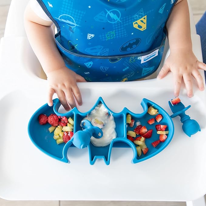 Bumkins Toddler and Baby Suction Plate, Silicone Grip Dish, Babies and Kids, Baby Led Weaning, Children Feeding Supplies, Non Skid Sticky Bottom, Platinum Silicone, Ages 6 Months Up, Batman Blue