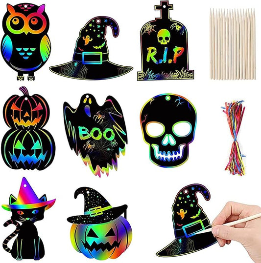 48PCS Halloween Craft Kit for Kids - Magic Scratch Off Cards Paper Hanging Halloween Ornaments Set with 24pcs Wooden Stylus 48pcs Cords for Halloween Party Favor, Art Craft Supplies