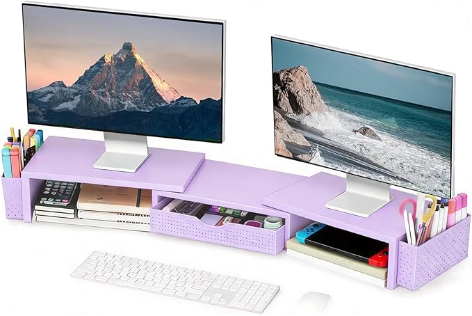 Spacrea Metal Desk Organizers and Accessories, Dual Monitor Stand Riser with Drawer and 2 Pen Holders, Desk Accessories & Workspace Desktop Organizers for Office Supplies (Purple)