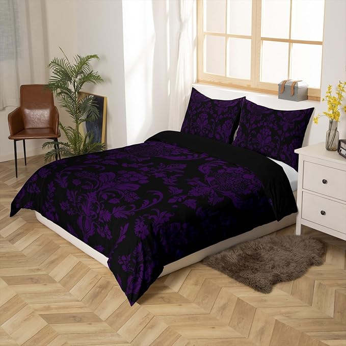 Feelyou Purple Black Vintage Damask Floral Duvet Cover Set Gothic Bohemia Floral Bedding Set Full Size for Kids Boys Girls Oriental Antique Comforter Cover Luxury Flower Quilt Cover,No Comforter