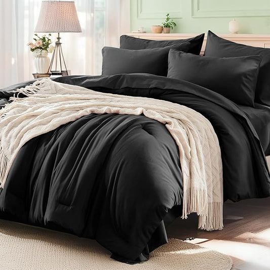 Anluoer Black Queen Comforter Set 7 Pieces, Bed in a Bag with Sheets, All Season Bedding Sets with 1 Comforter, 2 Pillow Shams, 2 Pillowcases, 1 Flat Sheet, 1 Fitted Sheet