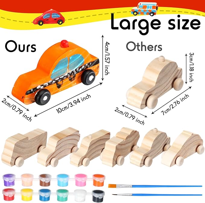 Lenwen 6 Pcs Large Unfinished Wooden Car to Paint 4'' Wood DIY Car Toys and 12 Color Acrylic Paint Set for Student Easy Woodworking Set Family Activities Arts and Crafts Kit