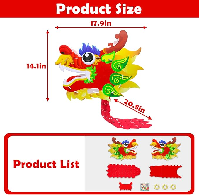 2 Pack Chinese Dragon Dance Head, DIY Assembly Interesting Educational Kids Cardboard Dragon Head, Wearable Dragon Head