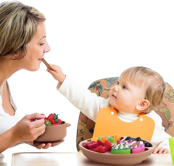 Dandat 24 Pcs Silicone Baby Feeding Set,6 Baby Toddler Suction Bowls 6 Divided Suction Plates with 6 Forks 6 Spoons, Utensils Set for Weaning Infant Feeding and Eating, 6 Styles(Light Color)