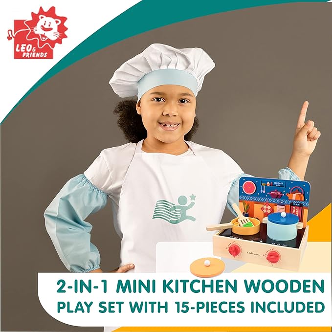 Leo & Friends 2-in-1 Mini Kitchen Wooden Play Set with 15-Pieces - Play-Pretend Toddler Toy for Girls and Boys Aged 24-Months and Older - Educational Kids Toy