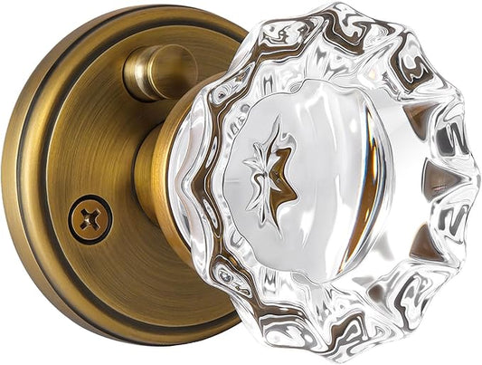 SHINY HANDLES Glass Door Knobs Interior, Vintage Privacy Clear Crystal Door Knobs with Lock Antique Brass Door Knob for Bedroom Bathroom, 1 Pack
