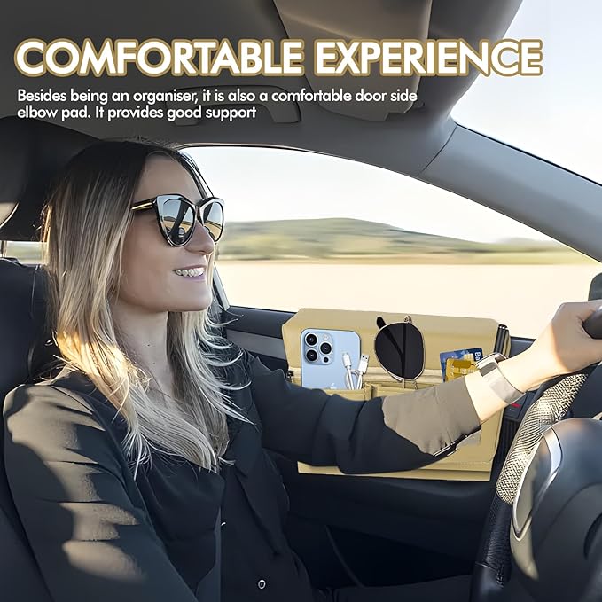 wuyaoyao Car Window Armrest Storage Box, Leather Automotive Door Side Storage Bag & Elbow Rest Pad, Multifunctional Vehicle Door Arm Rest Pad with Pockets, Universal Interior Car Accessories (Beige)