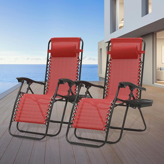 Athena Collection Zero Gravity Outdoor Lounge Chair Set of 2 with Cup Holder, 25" Width Pool Lounge Lawn Chairs Reclining, Outdoor Chaise for Beach Patio Backyard Outside, Dark Red