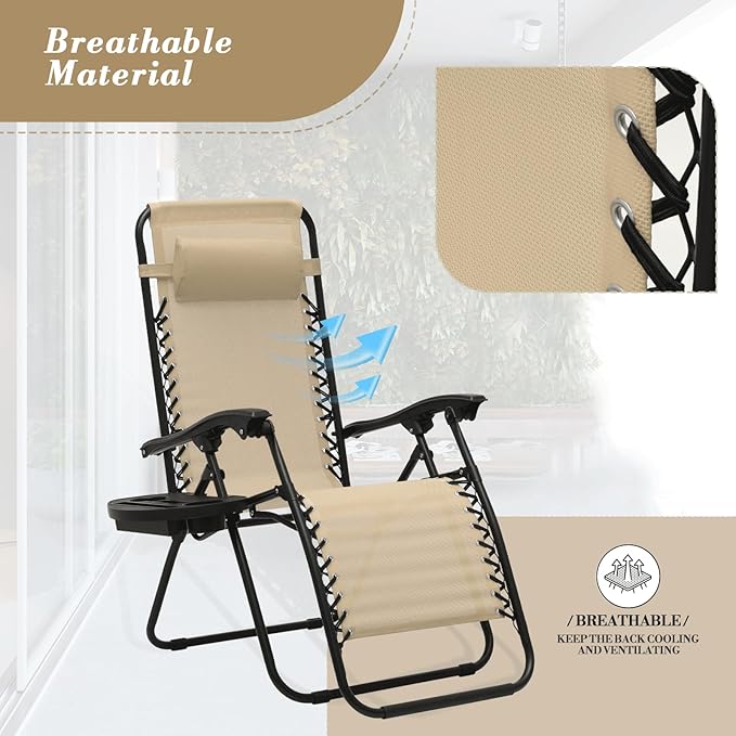 Athena Collection Zero Gravity Outdoor Lounge Chair Set of 2 with Side Table, 25" Width Pool Lounge Lawn Chairs Reclining with Cup Holder, Outdoor Chaise for Beach Patio Backyard Outside, Beige