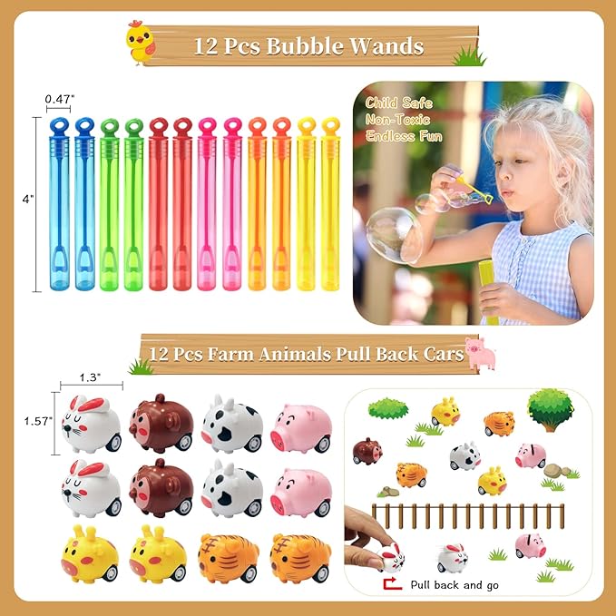 Farm Animals Party Favors Supplies 108 Pcs Birthday Party Decorations Goodie Boxes Bubble Wands Stampers Rubber Pigs Figures Keychains Pull Back Cars Slap Bracelets Stickers Toys For Kids Boys Girls