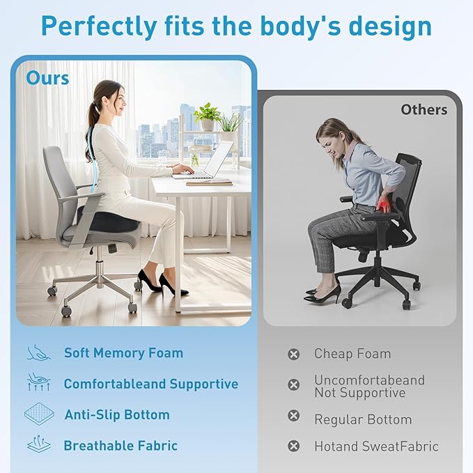 BlissTrends Seat Cushion,5.2in Thick Memory Foam Cushions for Office Chair, Car Seat, Airplane, Relieving Pressure Tailbone Sciatica Back Pain for Long Sitting Office Workers, Car Drivers Grey