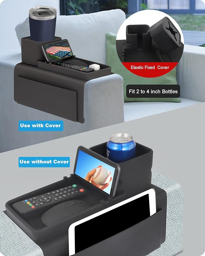 Silicone Couch Cup Holder, VIENFUT Anti-Spill Anti-Slip Sofa Armrest Tray BPA-Free, Dirt-Resistant Silicone Couch Arm Tray for Remote, Snacks, Cellphone and iPad, Gift for Family, Friend (Black)