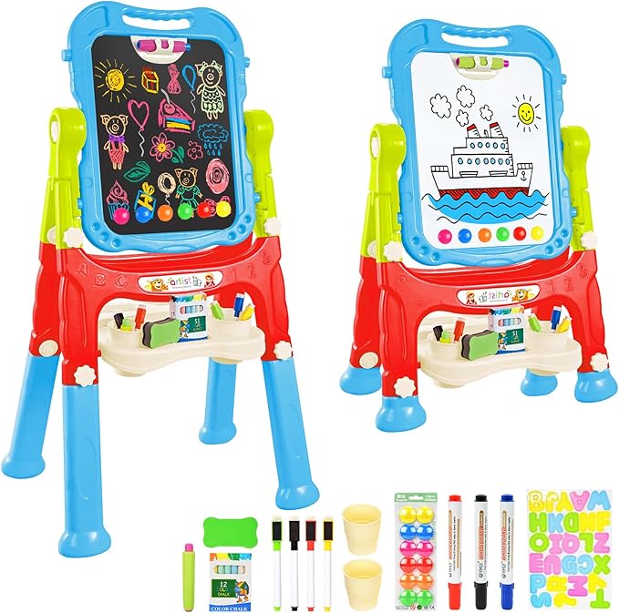 Kids Art Easel, Adjustable Drawing White Board & Chalk Board, Toddler Standing Easel with Painting Accessories, Gift for Girls Boy (Blue)