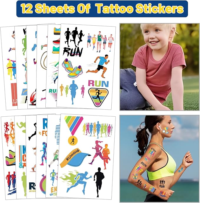 98 PCS Running Party Favors, Running Temporary Tattoos Badges Stickers Silicone Bracelets Keychains for Running Marathon Sport Birthday Party Decorations Supplies Gifts for Runners Kids Teens