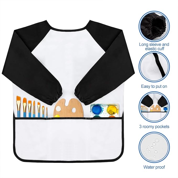 Kids Art Smocks, Painting Apron Artist Smock with Sleeve and 3 Pockets 2 Pack Black/White Set