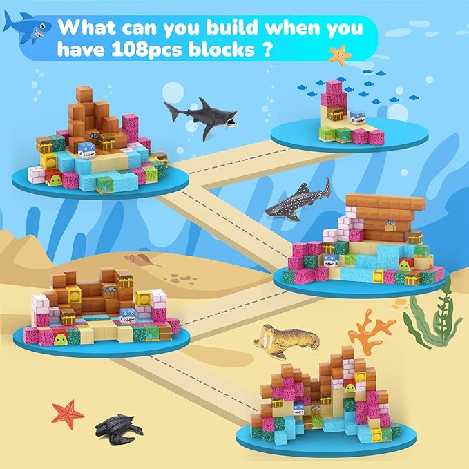 Magnetic Blocks 110PCS with 6 Animal Toys, Ocean Building Blocks Set, Toys for Boys & Girls Age 6-8, STEM Montessori Stacking Building Toys for Toddlers Sensory Toy for Kids 6+