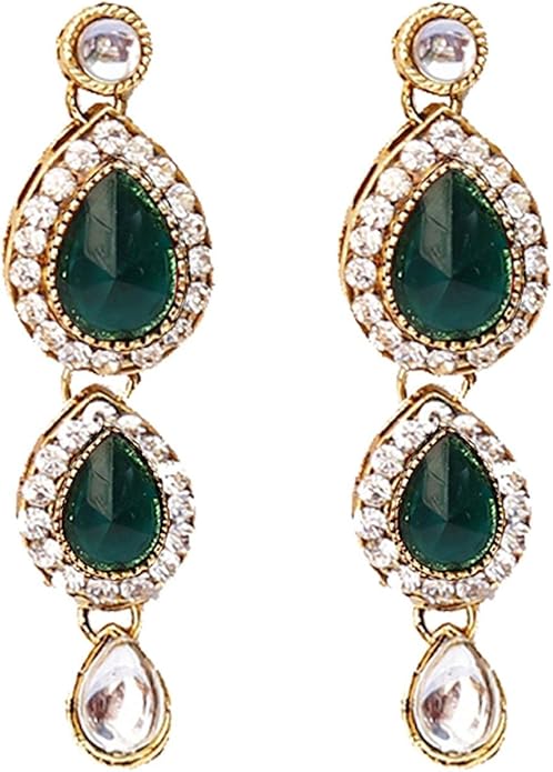 Aheli Indian Traditional Bollywood Kundan Maang Tikka Earrings Necklace Set Ethnic Jewelry Gift for Women Green Blue