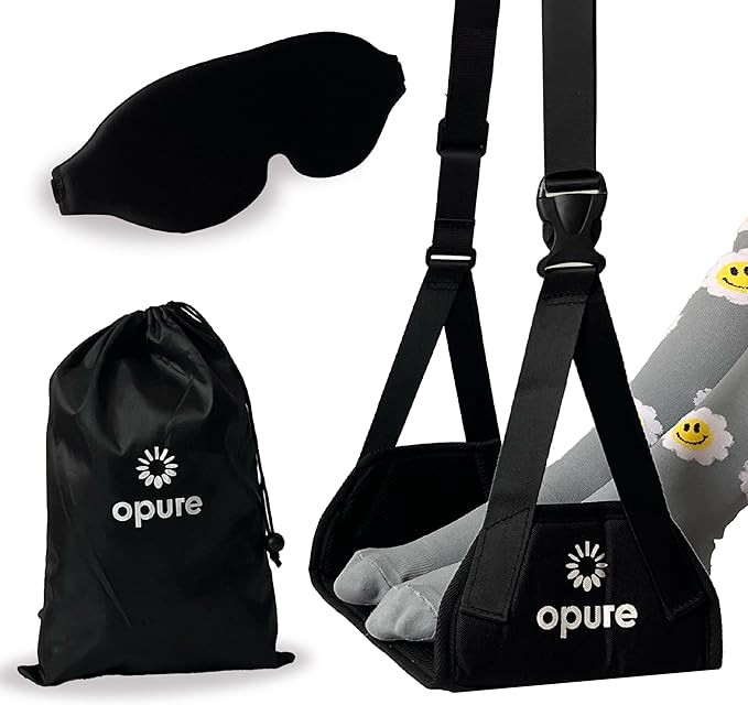 Airplane Foot Hammock for Plane Travel - Adjustable Foot Rest with Sleep Eye Mask Set- Best Airplane Gadgets - Long Flight Must Haves for Comfortable Leg Support