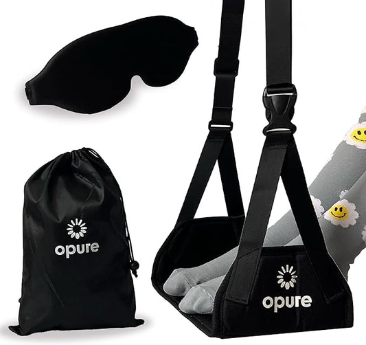 Airplane Foot Hammock for Plane Travel - Adjustable Foot Rest with Sleep Eye Mask Set- Best Airplane Gadgets - Long Flight Must Haves for Comfortable Leg Support