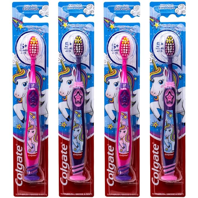 Colgate Kids Unicorn Toothbrush with Suction Cup for Children 5+ Years Old, Extra Soft (Colors Vary) - Pack of 4