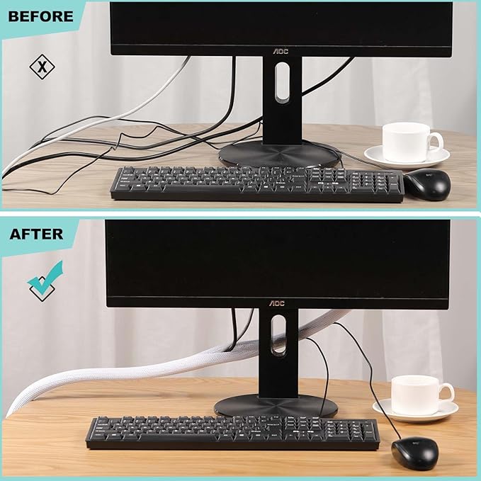 AGPTEK Cable Sleeve Cover, 20ft - 1 inch Desk Cord Organizer Cable Hider, Home Office Wire Management Computer TV Wire Loom Tubing, Pet Proof Cord Protector, from Cat Dog Chewing, Black