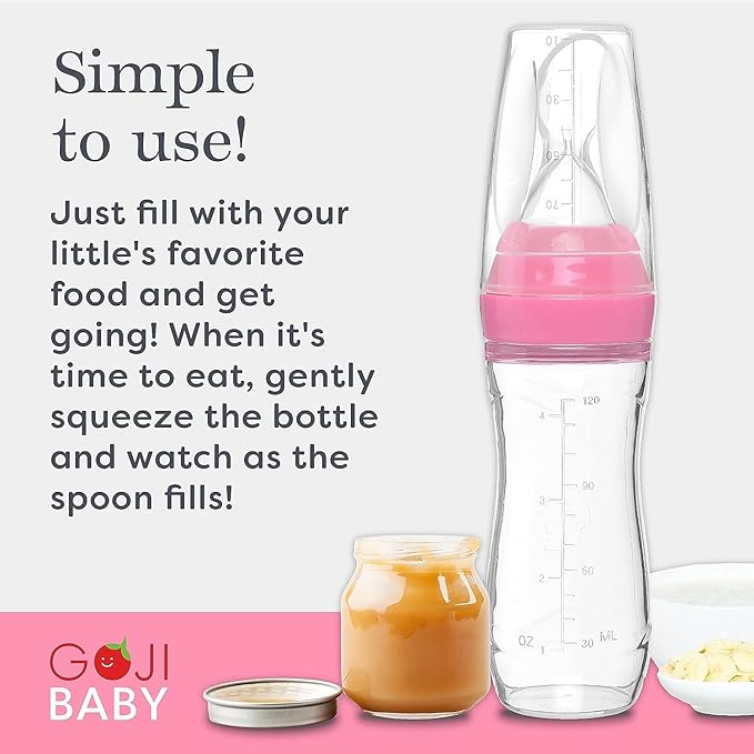 4 oz Silicone Baby Food Dispensing Spoon - 2 Pack - Great for 4+ Month Infants - Includes Stopper - Easy to Use and Mess-Free - Precise Food-Release Feeder - Great for Travel (Pink)