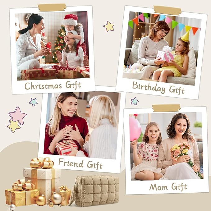 Puffer Quilted Makeup Bag Cosmetic Bags,Puffy Travel Toiletry Pouch for Women,Cute Checkered Zipper Bag Travel Essential,Portable Aesthetic Make up Organizer Bag for Gifts Work Daily(Khaki,M)