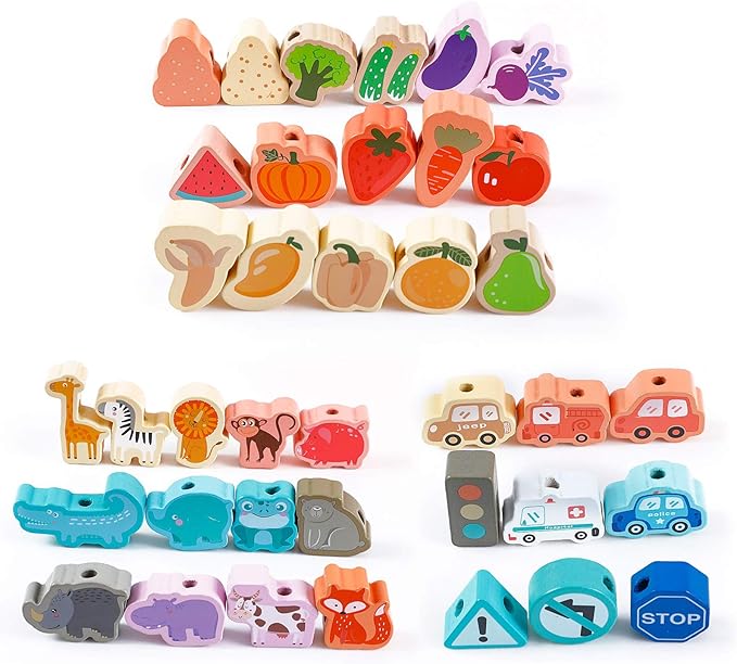 BMTOYS Montessori Educational Threading Toys Wooden Stringing Traffic Wild Animals Fruits Lacing Beads Preschool Toy for Toddler 18 Month 1 2 3 4 5 Year Old Boys Girls