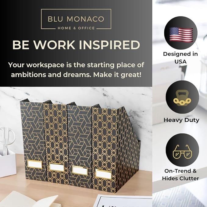 BLU MONACO | Set of 4 Black & Gold Geometric Magazine File Holders with Gold Label Holders | Stylish Vertical File Organizer Boxes for Desk, Bookshelf & Office Storage