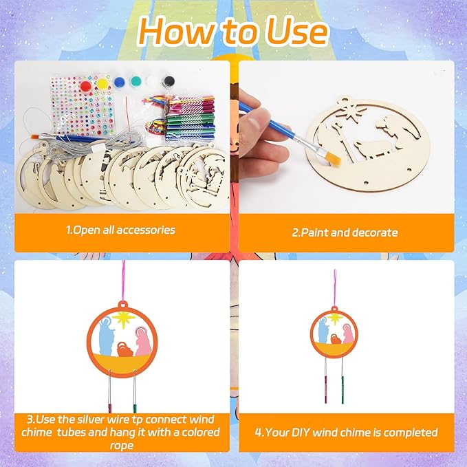 Fennoral 12 Pack Christmas Nativity Wind Chimes Kit for Kids Make Nativity Craft for Kids DIY Coloring Wooden Craft for Christmas Christian Religious Ornaments Christmas Party Decoration