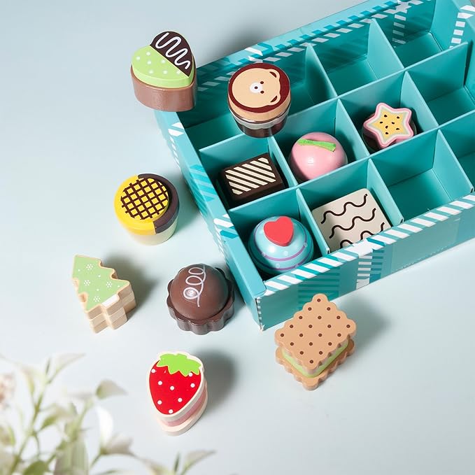 13pcs Wooden Dessert Set Toddler Pretend Play Toy Food, Sweets Playset with Muffin, Cupcake, Chocolate Cake & Roll, Kids Food Toys Play Kitchen Accessories Boys and Girls Birthday Gift