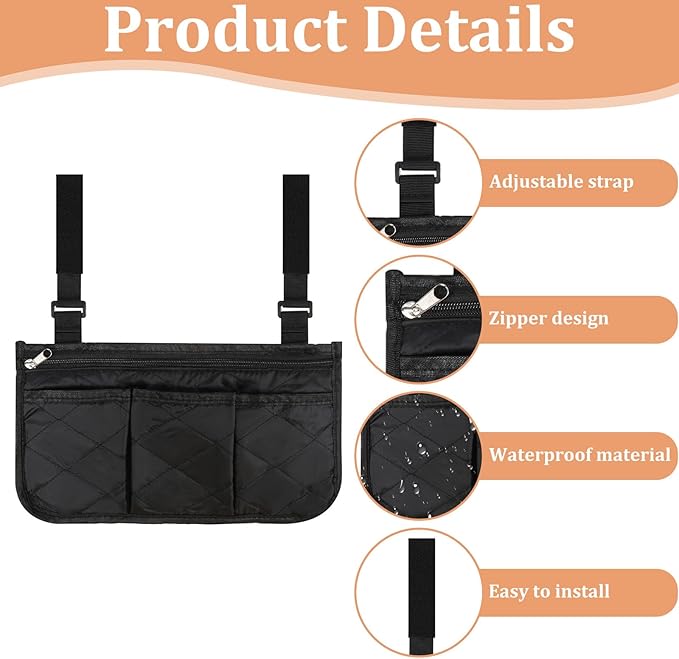 Wheelchair Side Bag, Wheelchairs Storage Bag Wheelchair Pouch Wheelchairs Armrest Bags with Cup Holder Elderly Walking Aid Suspension Bags Wheel Chair Accessories for Walkers Rollators (Black)