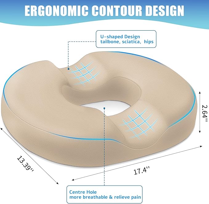 BlissTrends Donut Pillow Seat Cushion,Donut Chair Cushions for Postpartum Pregnancy & Hemorrhoids,Tailbone Pain Relief Cushion,Memory Foam Lifting Cushions for Office&Home Chairs (Khaki)