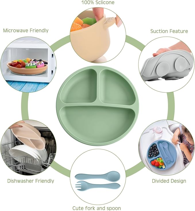 Dandat 24 Pcs Silicone Baby Feeding Set,6 Baby Toddler Suction Bowls 6 Divided Suction Plates with 6 Forks 6 Spoons, Utensils Set for Weaning Infant Feeding and Eating, 6 Styles(Dark Color)