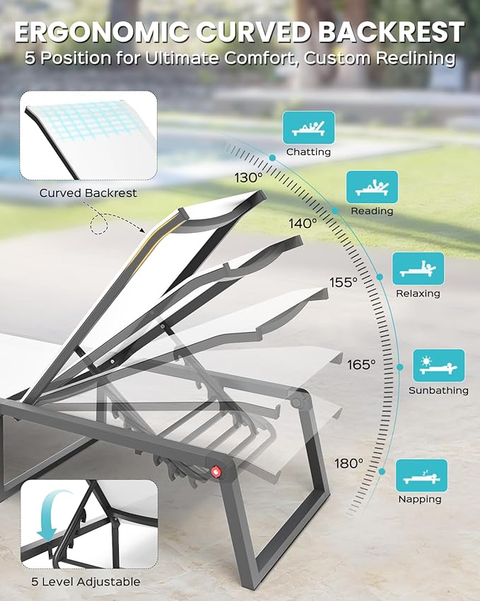 Aluminum Chaise Lounge Outdoor Set of 2, Foldable & Assembly Free Patio Pool Lounge Chairs 5-Position Recliner for Outside Poolside, Fully grounded legs Sun Lounger for Beach, Yard, Bright White