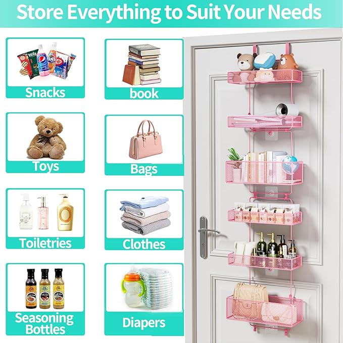 HapiRm Over Door Organizer Storage - Separable Door Organizer Hanging with 6 Metal Large Capacity Baskets for Bathroom Bedroom Kitchen Pantry Closet (Pink)