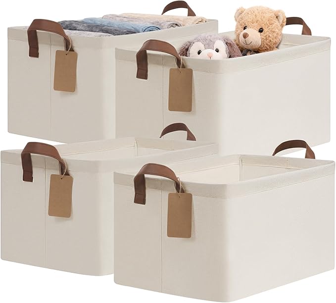 CHICVITA 4 Pack Large Storage Baskets for Shelves, Collapsible Closet Organizer Bins with Metal Frame, Fabric Storage Bins for Clothes Towels Organization, 16.8" x 11" x 9.8", Beige