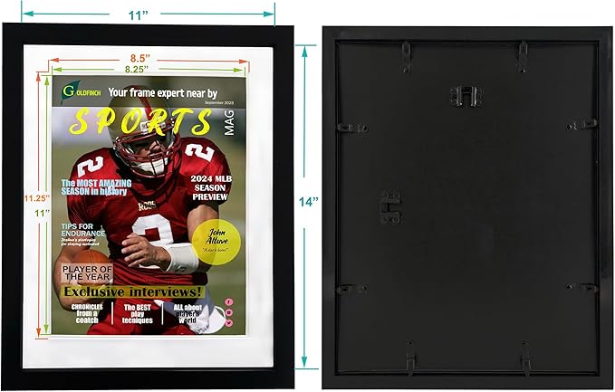 Goldfinch 2 Packs Sports Magazine Frames Displays Magazines Measuring 8.5 x 11.25 or 8.25 x 11 inches with Double White Core Matting, Deep Frame Moulding, with Installed Hanger