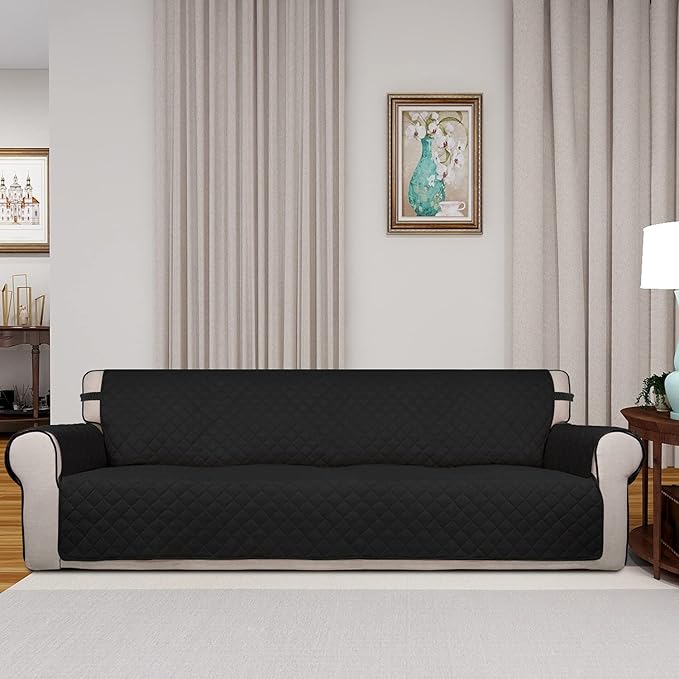 PureFit Reversible Quilted Sofa Cover, Water Resistant Slipcover Furniture Protector, Washable Couch Cover with Non Slip and Elastic Straps for Kids, Dogs, Pets (XX Large, Black/Black)