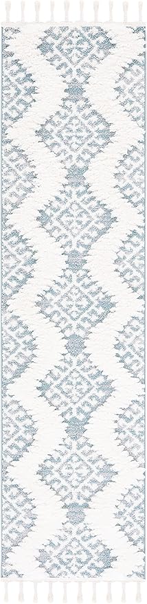 SAFAVIEH Moroccan Tassel Shag Collection Runner Rug - 2'3" x 12', Teal & Ivory, Rustic Trellis, Non-Shedding & Easy Care, 2-inch Thick Ideal for High Traffic Areas in Living Room, Bedroom (MTS652K)