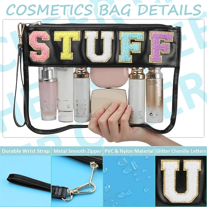 BuyCard Clear Stuff Bag for Travel, Preppy Chenille Letter Embroidered Zipper Pouch, Waterproof PVC & PU Leather Cosmetic Bag, Toiletry Makeup Bag for Women Girls Black