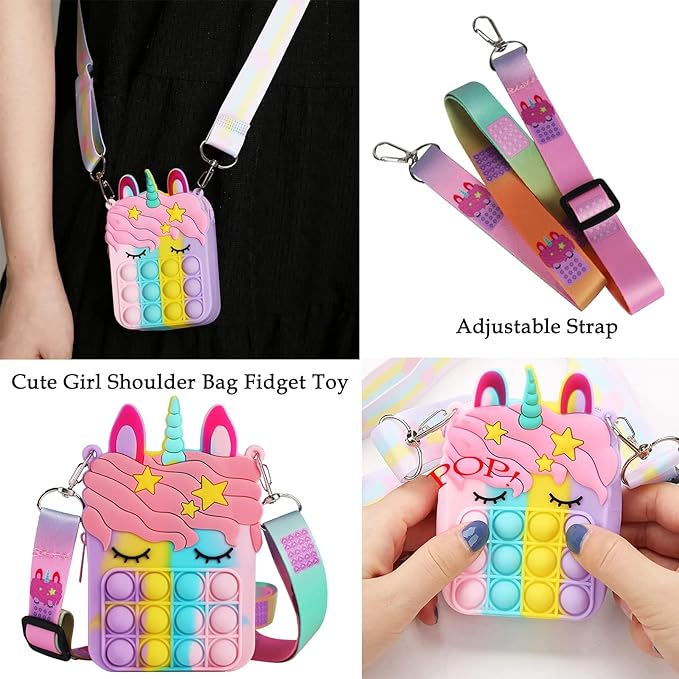 Fidget Purse, Pop Fidget Push It Bubble Popper Unicorn Bag with Bulk Fidget Bracelets Key Chain Stress Relief Toys for Girls Ages 3-12 Gift Easter Basket Stuffers Birthday Party Favor Xmas Stocking
