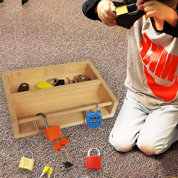 Montessori Lock and Key Toy Set for Toddlers, Montessori Educational STEM Lock Toys Matching Games Lock Set with Wooden Tray for 3 4 5 Year Old Kids