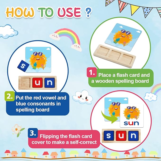 CVC Word Educational Toy Spelling Games, Preschool Toddler Learning Activities, Montessori Learning Toys Gifts for 3 4 5 6 Years Old Kids, 60 Sight Words Flash Cards Alphabet Puzzle for Toddlers